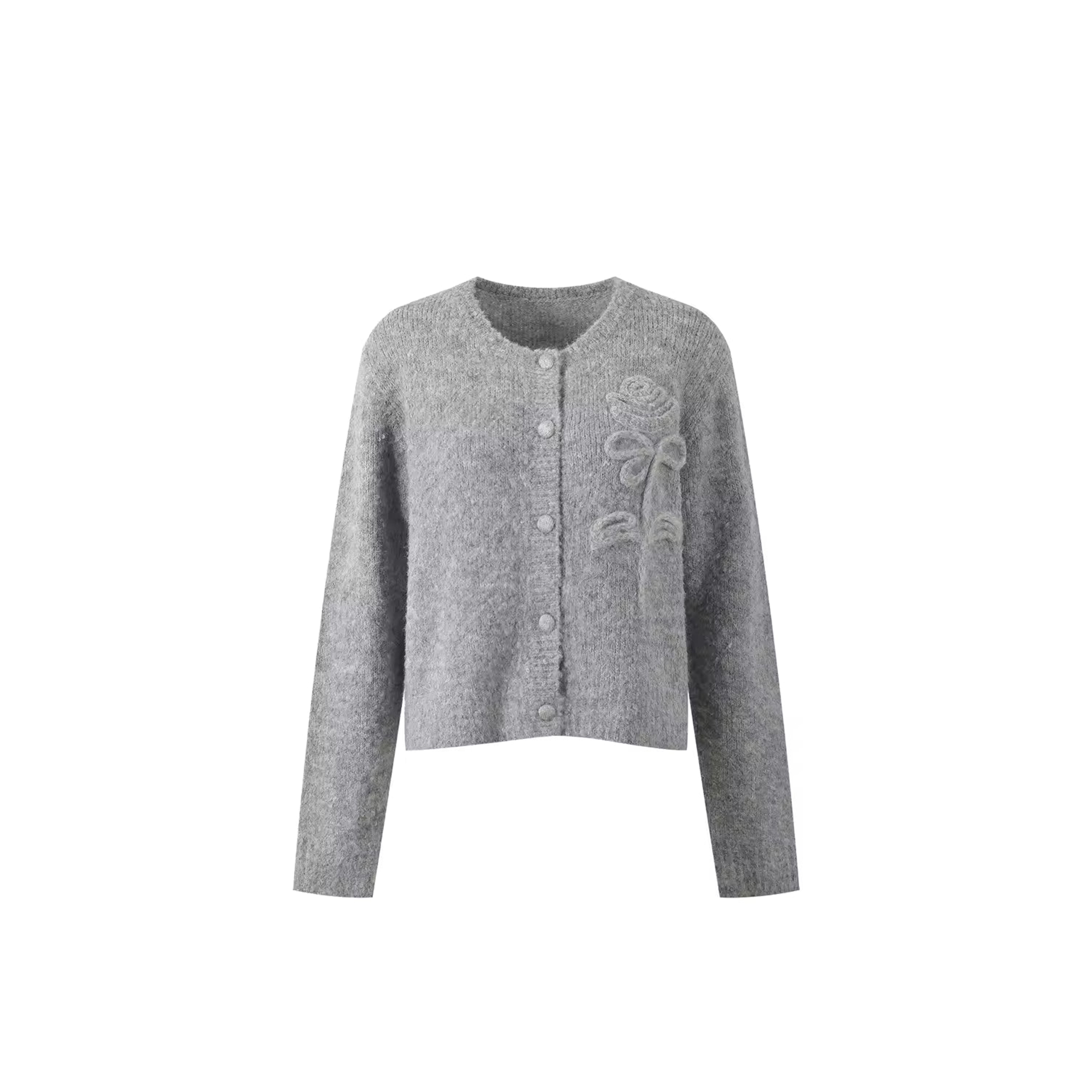 CELINE SOLID ROSE ACCENT O-NECK LONG SLEEVE KNIT CARDIGAN 